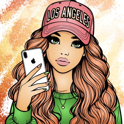 realistic beautiful girl wearing los ángeles cap holding an iphone