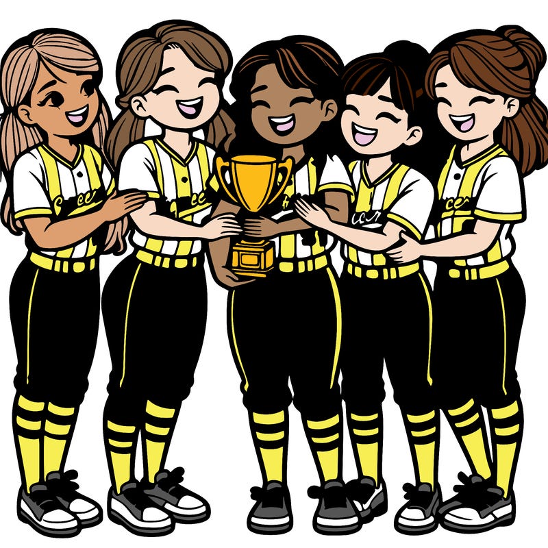 girl softball team with 5 girls all hugging in softball uniform holding a first place trophy