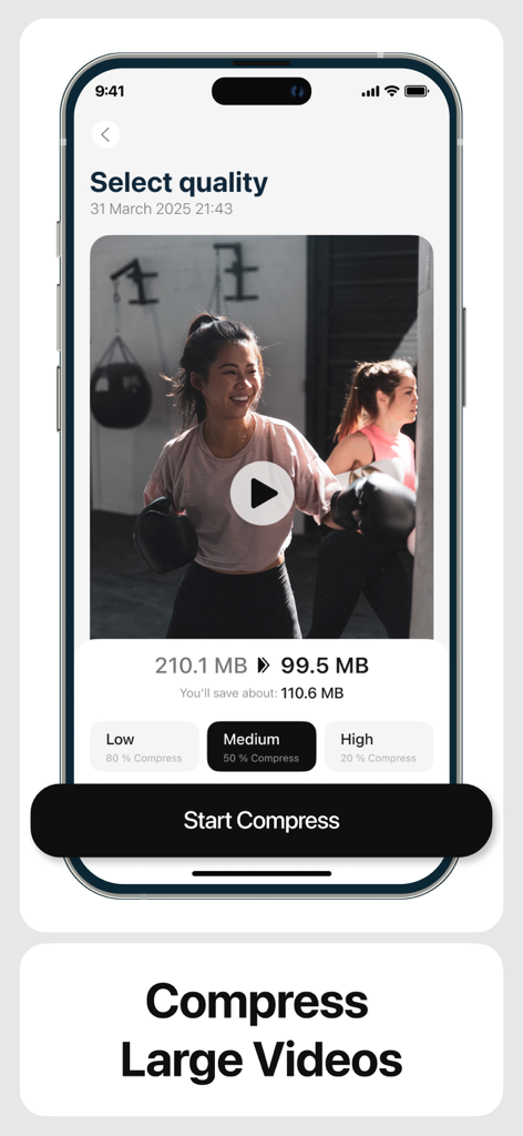 Sweeply - cleaner app - Sweeply app interface showing video compression settings to reduce file size and free up iPhone storage.