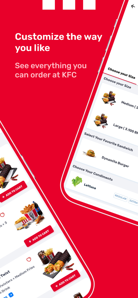 KFC Bahrain app screen showing options to customize meals and select food items