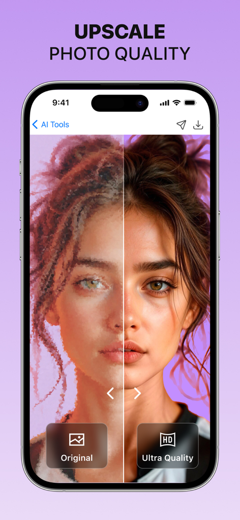 Monet AI - Fix Photo & Enhance - Comparación de antes y después de la mejora de escalado de fotos con IA a ultra calidad