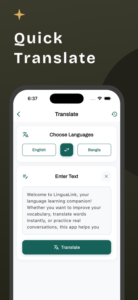 Benutzeroberfläche der Englisch-Bangla-Übersetzer-App, die die Schnellübersetzungsfunktion mit Sprachauswahl und Texteingabe zeigt