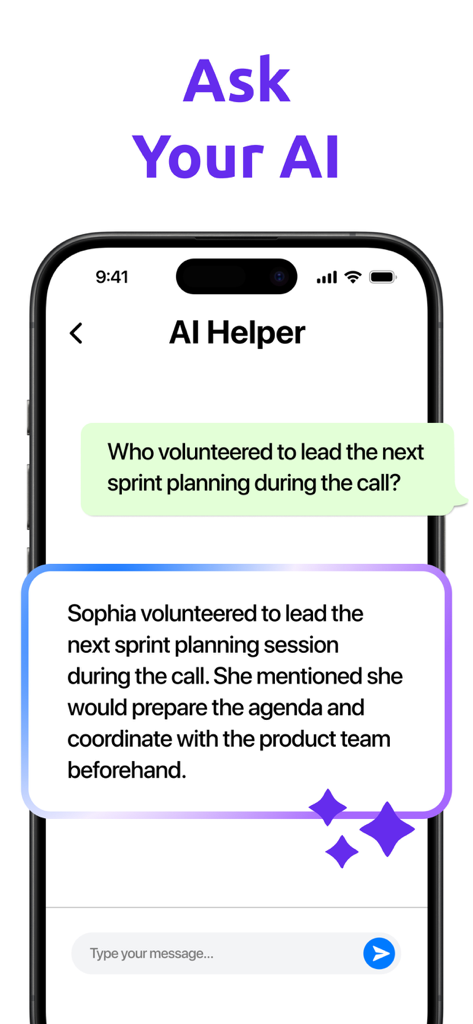 Interfaz de la aplicación AI Note Taker mostrando un asistente de IA respondiendo una pregunta específica sobre un resumen de reunión.