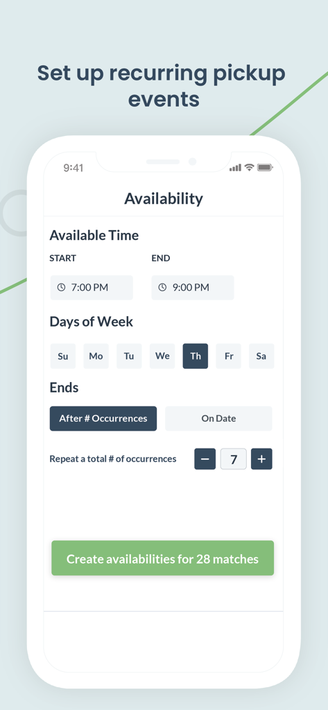 Interface para configurar eventos esportivos casuais recorrentes com opções de horário, dia da semana e número de ocorrências.
