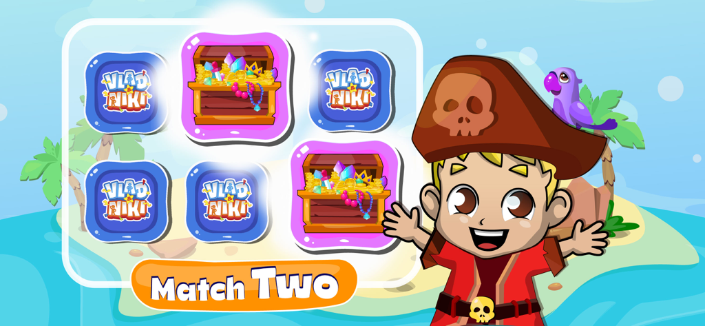 Pirate themed Match Two memory game screen featuring Vlad and Niki