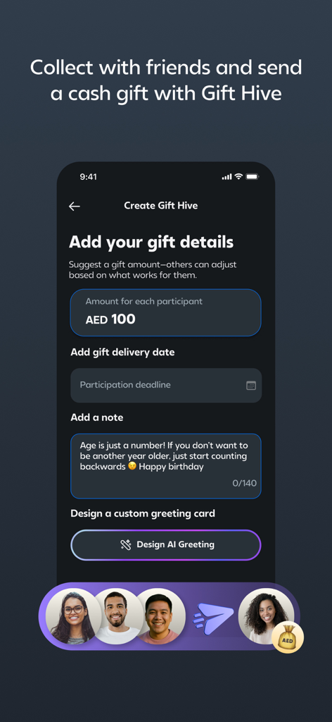 Maly - Your Smart Money App - Maly app screen showing the Gift Hive feature for creating and sending group cash gifts with friends