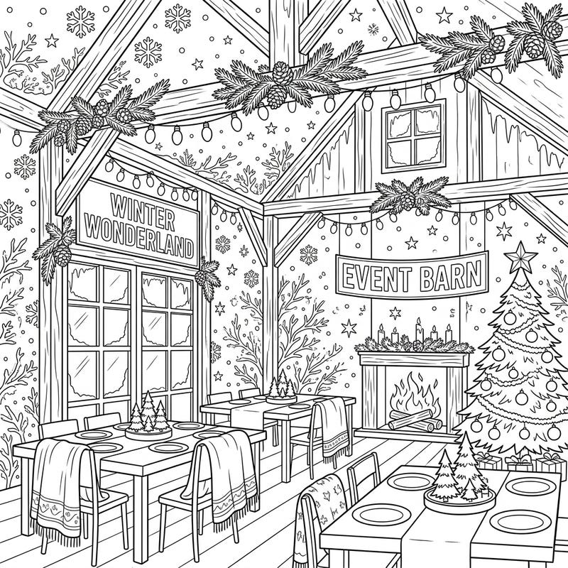 Immerse yourself in the festive spirit with this enchanting coloring page depicting a rustic event barn transformed into a cozy winter wonderland. Designed for teens, it offers intricate details and a delightful scene to bring to life with your favorite colors.