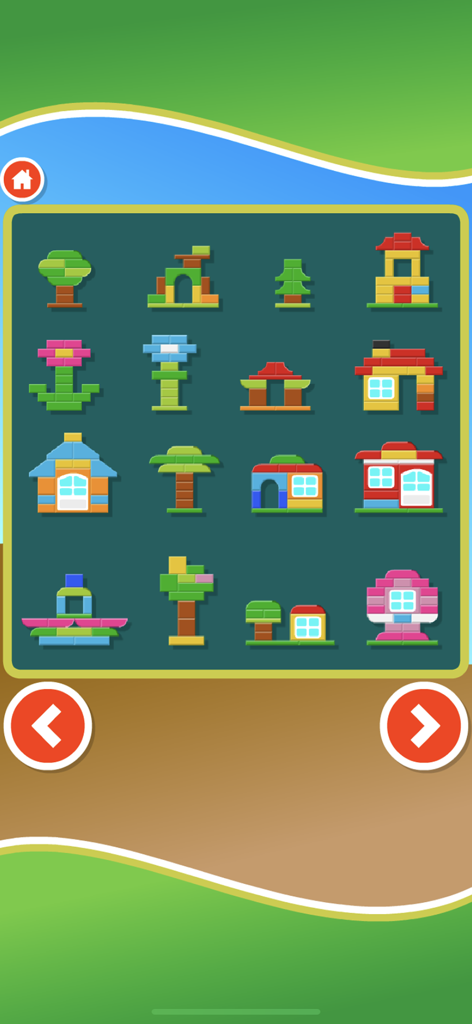Building Blocks Puzzle Game - A selection menu showing various building block puzzles including houses trees and flowers