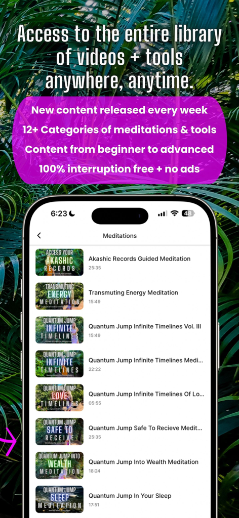 Highest Timeline - Screenshot of Highest Timeline app showing a list of guided meditations and quantum jumping tracks on a smartphone.