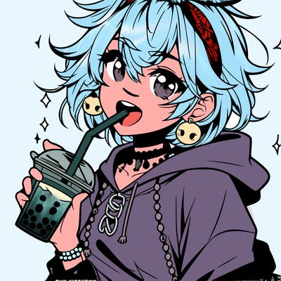 hot baddie anime girl drinking boba and biting the straw