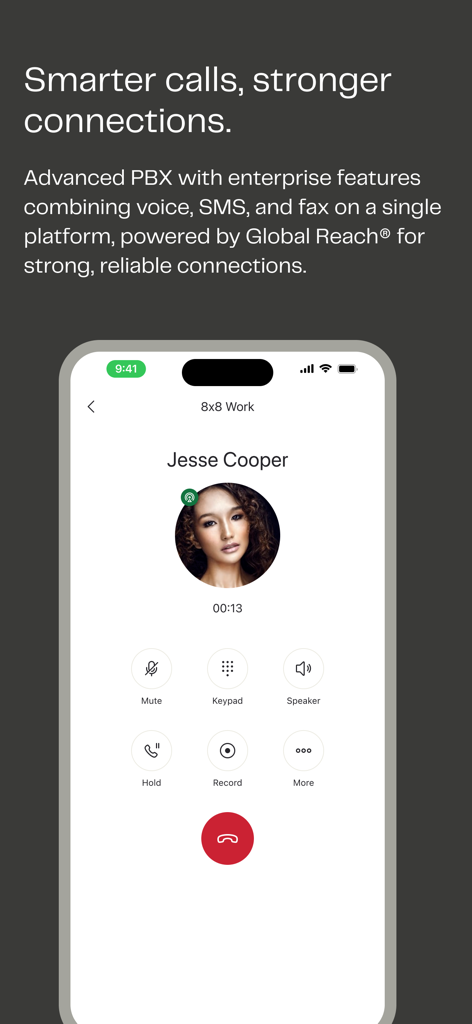 The 8x8 Work app call screen on an iPhone showing professional communication features and an active call with Jesse Cooper.