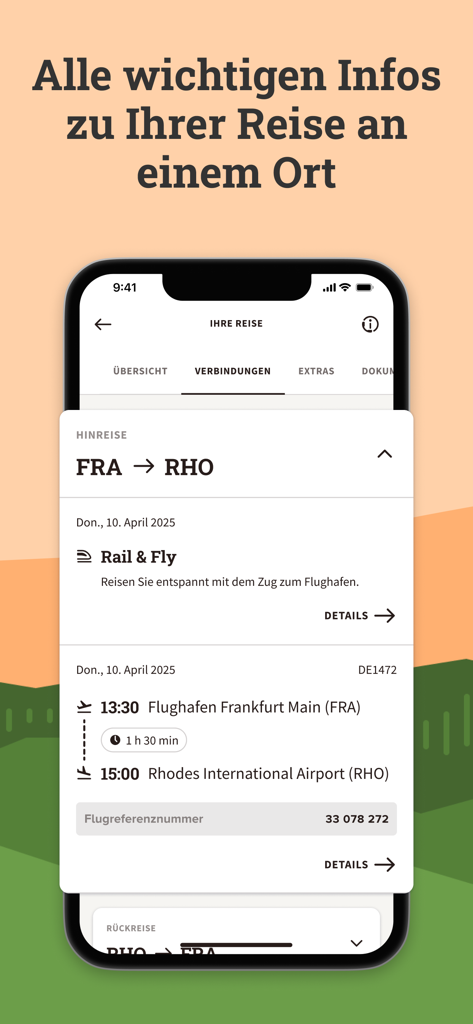 MyDERTOUR | Reisebegleiter - MyDERTOUR app interface showing flight itinerary from Frankfurt to Rhodes and Rail and Fly details