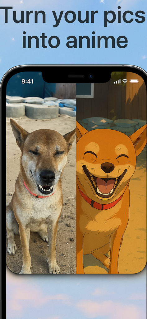 Animeify - A split screen showing a real photo of a dog on the left and its AI generated anime version on the right