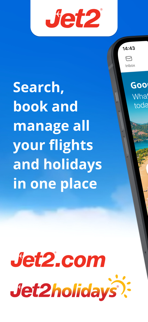 Interfaz de la app Jet2 para buscar, reservar y gestionar vuelos y vacaciones