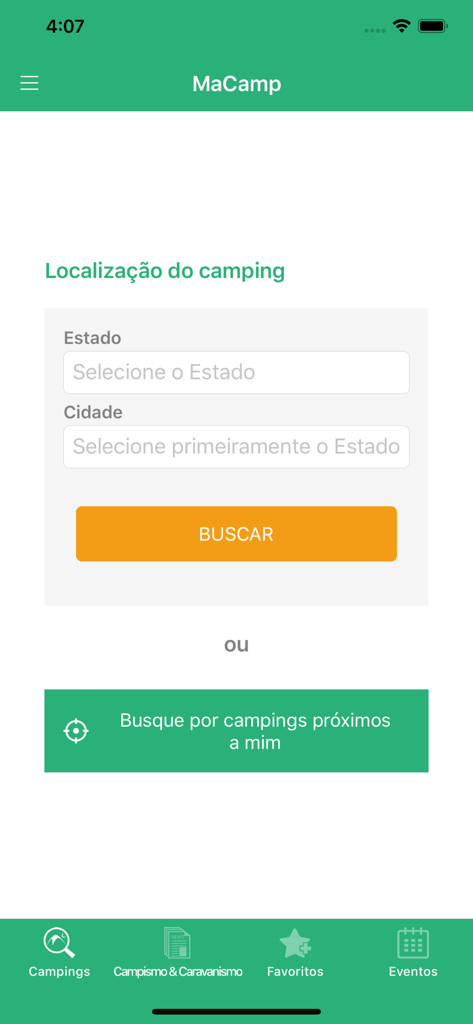 MaCamp-Guia Camping e Campismo - Interface of MaCamp app showing search options for campgrounds by state city or current location