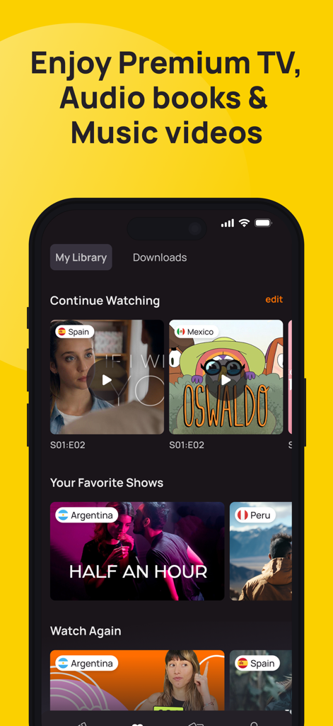 Lingopie: Learn a Language - Interface do aplicativo Lingopie mostrando uma biblioteca de séries e filmes internacionais para imersão no idioma.