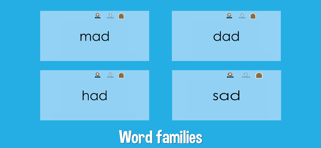 Learn to Read: Sight Words - Una captura de pantalla de la app Aprende a Leer mostrando cuatro tarjetas digitales de la familia de palabras -ad que incluyen mad, dad, had, y sad