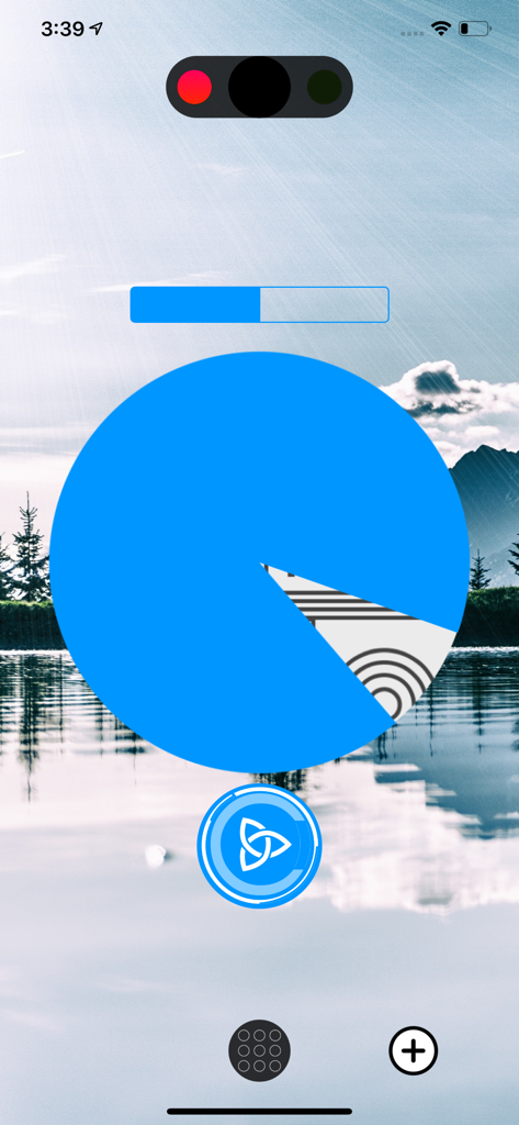 Una interfaz de puzzle de círculo azul minimalista de The Company Game con un paisaje de lago escénico de fondo