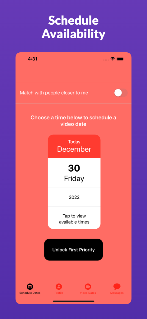 Cuff: Video Chat, Make Friends - Pantalla de la aplicación móvil Cuff para programar citas por video con un filtro de proximidad y vista de calendario.