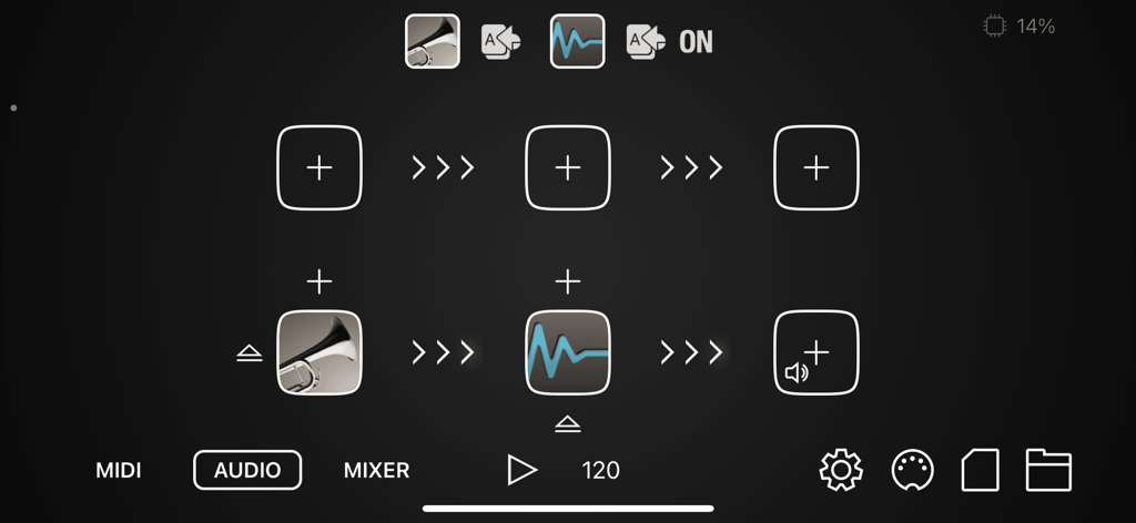 iFretless Brass - iFretless Brass audio routing and signal chain interface showing instrument and effect slots