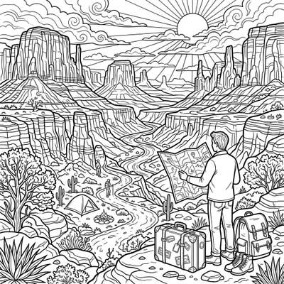 Dive into an epic Red Rock Canyon landscape, perfect for a vacation-themed coloring escape. This intricate page captures the spirit of adventure, inviting you to explore breathtaking geological formations and travel details.