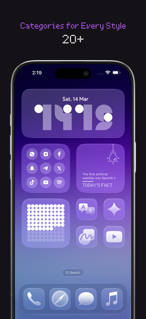 NewThing Widgets Pro - Purple aesthetic iPhone home screen with various liquid glass widgets and app categories