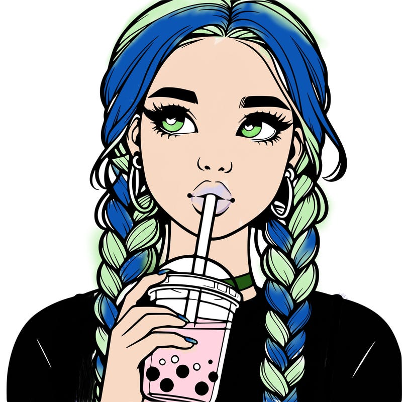 realistic girl with braided hair drinking boba