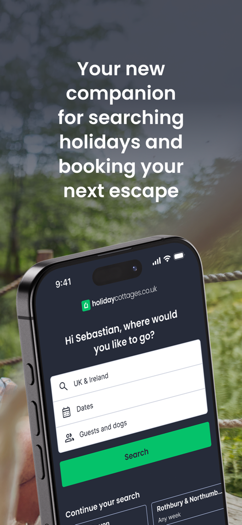 Interfaccia dell'app mobile Holidaycottages.co.uk che mostra opzioni di ricerca per affitti nel Regno Unito e in Irlanda con ospiti e cani