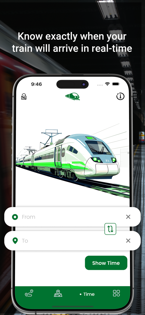 Dubai Metro - Route & Schedule - リアルタイムの列車の到着スケジュールを表示するドバイメトロアプリのインターフェース。