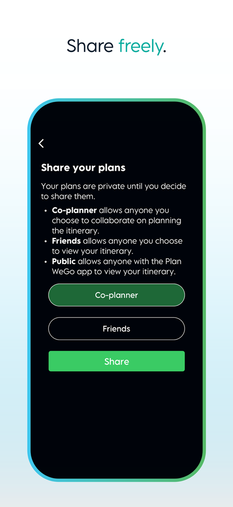 Plan WeGo - Travel Planner - Plan WeGo 앱 인터페이스는 공동 계획자, 친구 또는 대중과 여행 계획을 공유하는 옵션을 보여줍니다.
