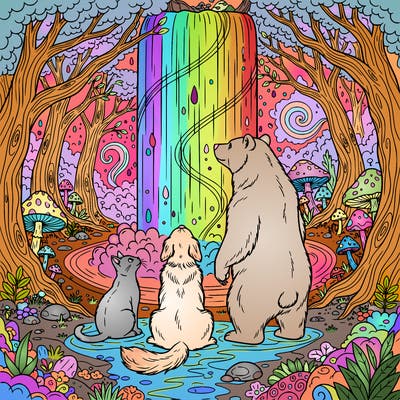 a cat a dog and a bear standing under a magical waterfall in an enchanted forest