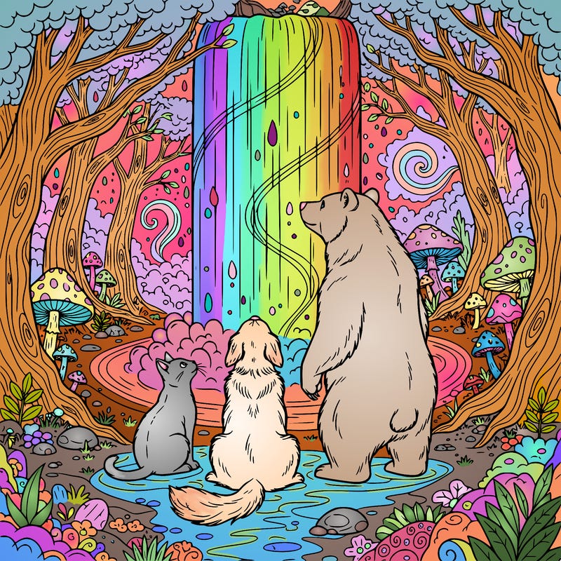 a cat a dog and a bear standing under a magical waterfall in an enchanted forest