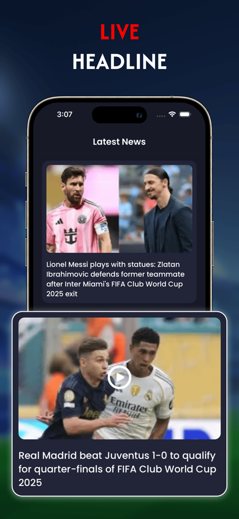 Live Football TV : HD Sports - Latest football news and match highlights on the Live Football TV app interface featuring Lionel Messi and Real Madrid news.