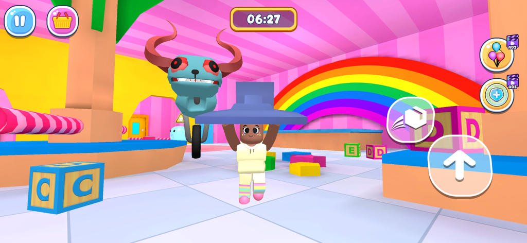 World of Parkour: Factory Run - A character running through a colorful room with a rainbow and a horned monster in the background