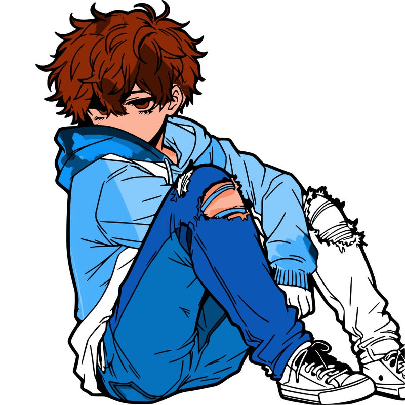 a male hoddie ripped jeans messy hair anime