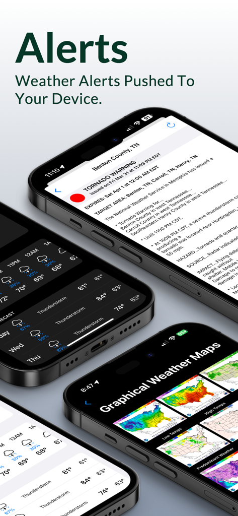 NOAA Weather Radio - Multiple smartphone screens displaying tornado alerts, weather forecasts, and graphical maps from the NOAA Weather Radio app.