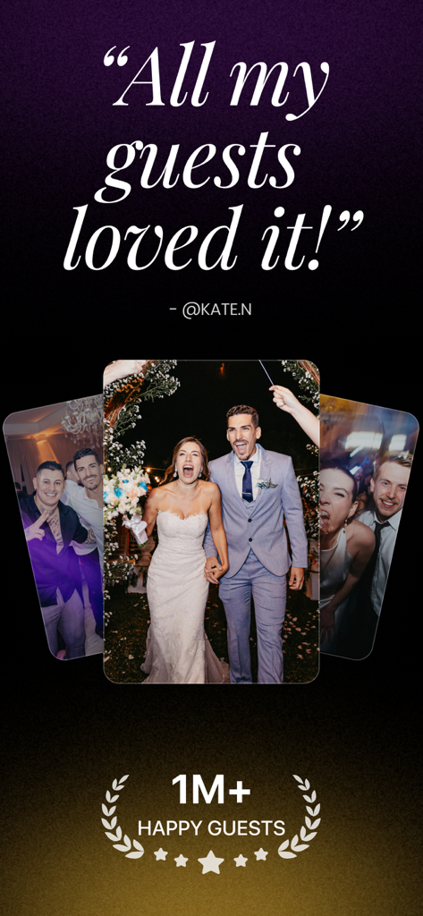 Testimonio de cliente para la aplicación de fotos de boda PartyCam con fotos espontáneas de invitados y un hito de un millón de invitados.