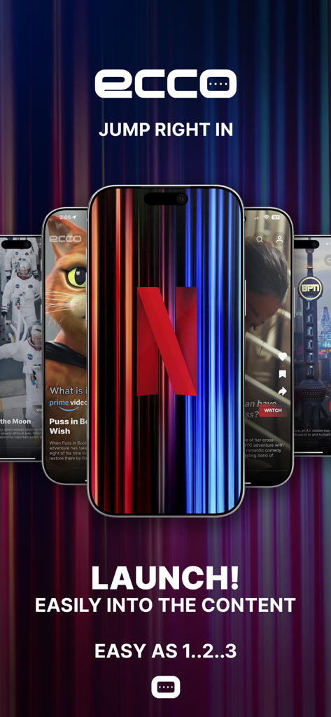 Promotional screenshot of the ECCO app showing movie and TV show discovery with a quick launch interface.