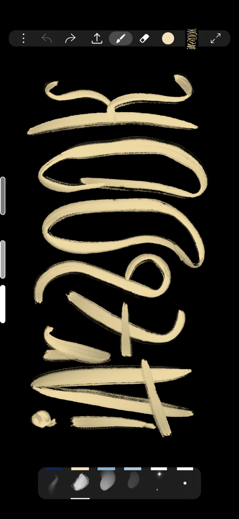 黒いキャンバスにデジタルカリグラフィーストロークを示すiArtbookインターフェース