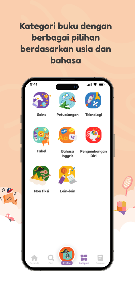 BukuAku - BukuAku mobile app screen showing various book categories for kids including science adventure and technology