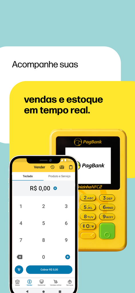 PagVendas NF-e, Vendas, Gestão - Application mobile PagVendas affichant le suivi des ventes et des stocks en temps réel sur un smartphone à côté d'un lecteur de cartes.