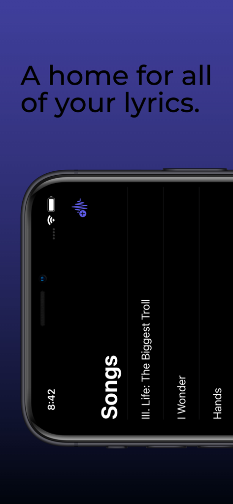 The Lyrics App - A smartphone screen displaying a list of saved songs within The Lyrics App interface