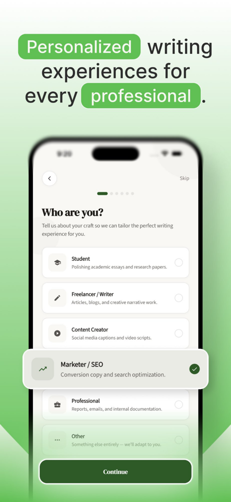 Onboarding screen showing professional categories for personalized AI writing including student and marketer options