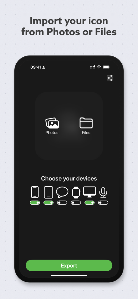 Main interface of the App Icon Generator app showing options to import images from Photos or Files and select target devices for icon export