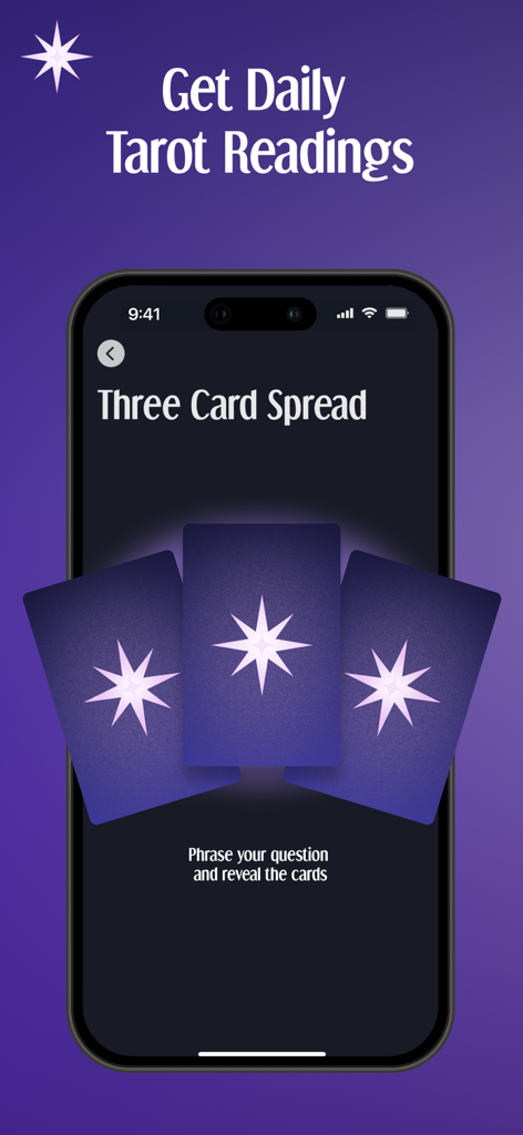 Learn Tarot: Rider Waite Cards - Daily tarot reading interface with a three card spread on a smartphone screen.