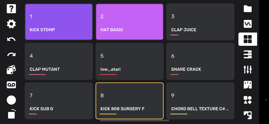 Flip Sampler - Drum pad interface of the Flip Sampler app with labeled sound samples