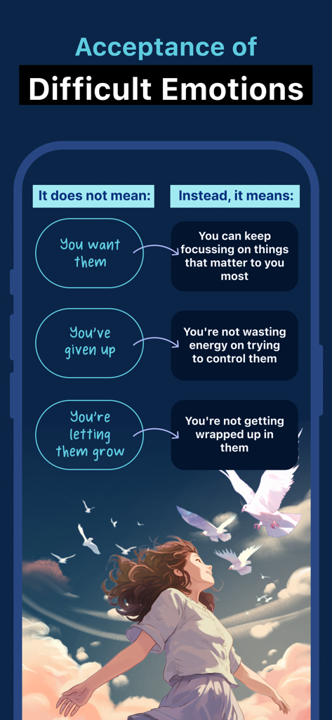 Lumiere: Anxiety & Stress Aid - A guide in the Lumiere app explaining the concept of acceptance for difficult emotions with a calming illustration
