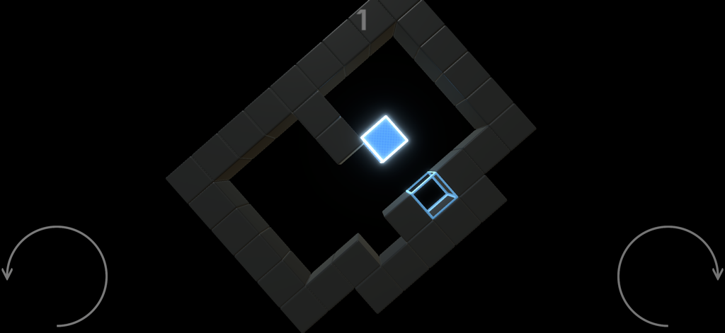 GraviT - Design de nível minimalista em GraviT mostrando um bloco azul brilhante dentro de uma estrutura cinza escuro e setas de rotação