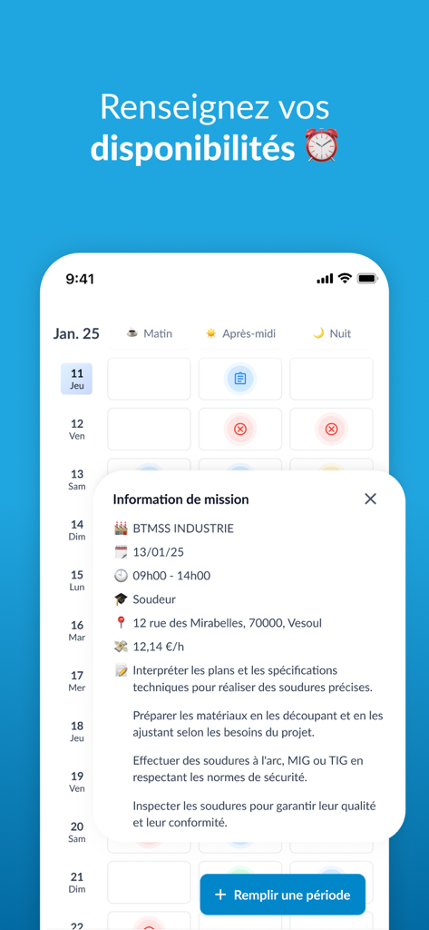 Interfaccia dell'app mobile che mostra il calendario delle disponibilità e i dettagli del lavoro temporaneo