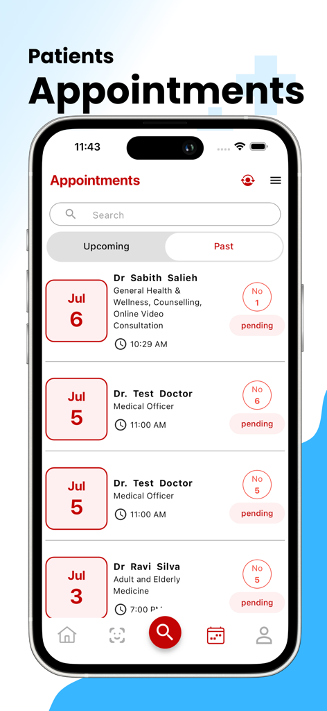 Medica Health Wallet app interface showing a list of upcoming medical appointments with doctor names and dates